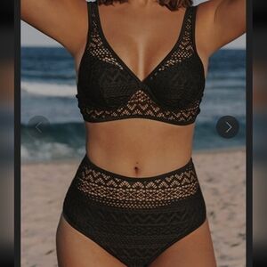 Beachsissi Black Lace Crochet V Neck High Waist Bikini Swimsuit
